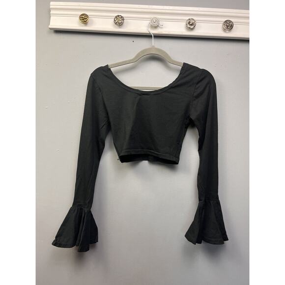 Snap Cropped Top Womens Small Black Bell Sleeves Stretch Festival Pullover - Picture 2 of 6
